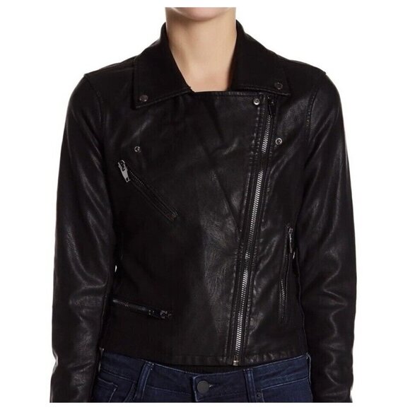 BLANKNYC Vegan Faux Leather Asymmetric Zip Moto Biker Jacket Short Black Size S - Picture 1 of 16